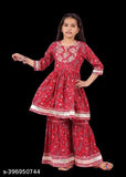 Embroidered rayon kurti sharara set with dupatta for girls aged 9-12, flared front panel design, Made in India