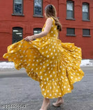 Acrylic polka dot printed flared sleeveless yellow kurta, ideal for daily wear or special occasions. Sizes: S, M, L, XL, XXL by LEELA Emporium Jaipuri Kurtis