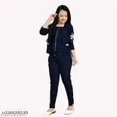 Navy blue cotton blend girls' dress with three-quarter sleeves and matching navy blue chai jacket, trendy fashion for 4-16 years
