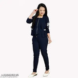 Navy blue cotton blend girls' dress with three-quarter sleeves and matching navy blue chai jacket, trendy fashion for 4-16 years