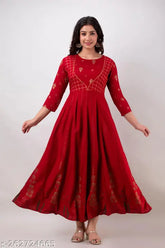 Red rayon anarkali kurta with embroidery, three-quarter sleeves - traditional Indian dress for festive occasions