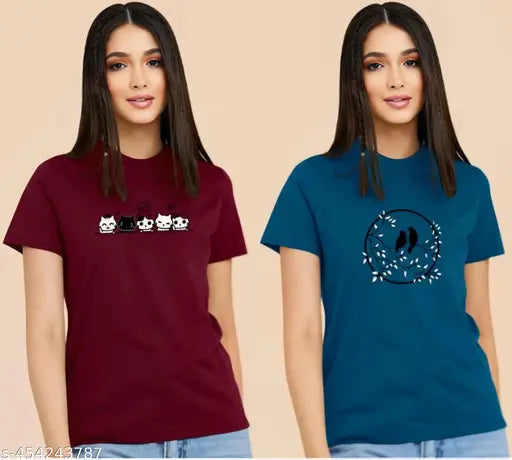 Printed lycra half sleeves combo T-shirt for women or girls, perfect for casual wear