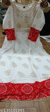 Printed white rayon anarkali kurta with bandhej border, suitable for casual and festive wear