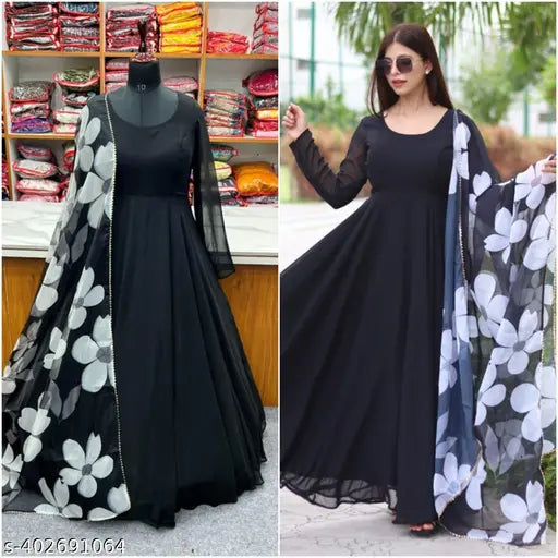 Black Georgette Kurti with Flower Print and Organza Dupatta, size S-XXL