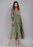 Women's floral print viscose rayon Anarkali kurta with three-quarter sleeves, vibrant Indian printed dress on mannequin