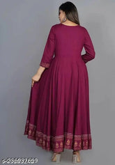 Maroon rayon three-quarter sleeve gown, printed combo, India-made fashion garment (S, M, L, XL, XXL, XXXL)