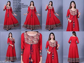 Red rayon Anarkali kurta with free mask, printed combo on ankle length skirt and three-quarter sleeves - Indian fashion
