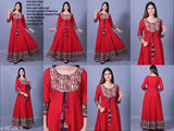 Red rayon Anarkali kurta with free mask, printed combo on ankle length skirt and three-quarter sleeves - Indian fashion
