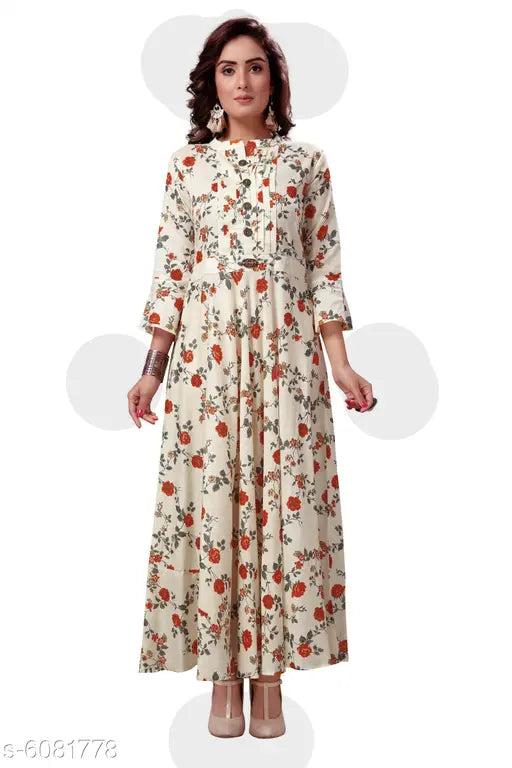 Orange and brown printed rayon blend flared kurta with Madhuram woman pattern on three-quarter sleeves, Indian traditional outfit for women