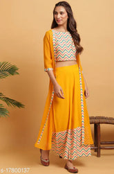 Women's poly crepe printed crop top kurti with palazzos, vibrant Indian fashion attire for women