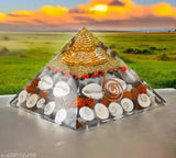 Crystal Shree Yantra Gomti Chakra Pyramid, authentic Vastu item with Rudraksha, Chirmi & Kaudi Shells for meditation, Feng Shui, or decor. Size 85-95mm. Handmade in India