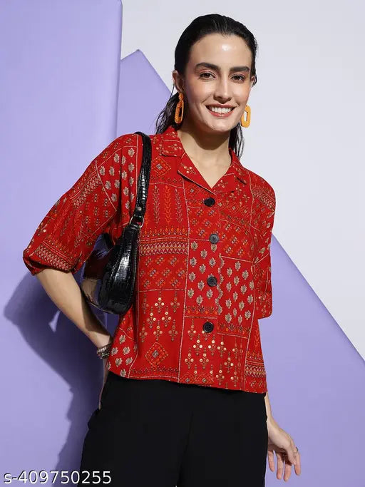 Rayon three-quarter sleeve block print top for women, vibrant Indian design, playful addition to summer wardrobe