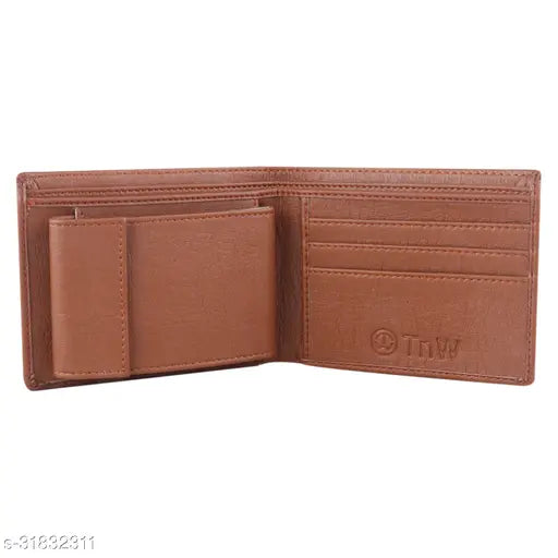 Brown faux leather men's wallet with 10 card slots, 2 secret compartments, and coin pocket. Durable, well-designed accessory for organizing cards and money. Indian-made, high-quality PU leather