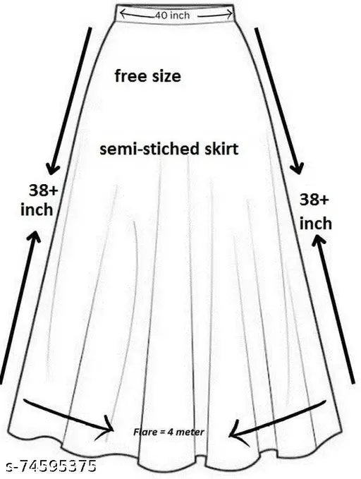 Gold jacquard Zari woven net skirt, free size, flared design, 38+ inch length and waist, India origin