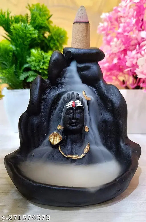 Handcrafted poly resin Smoke Fountain Lord Shiva Aadiyogi Statue Cone Incense Holder, perfect for Pooja, gift & decor. Ideal for Shivratri celebrations or home decoration. Made in India