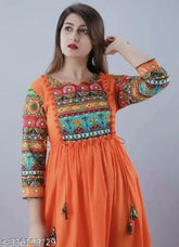 Rayon A-line printed Anarkali Kurta with embroidered details, three-quarter sleeves, women's fashionable long kurti from India