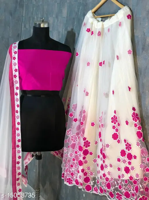 Silk lehenga with embroidered net dupatta, Indian semi-stitched women's traditional outfit