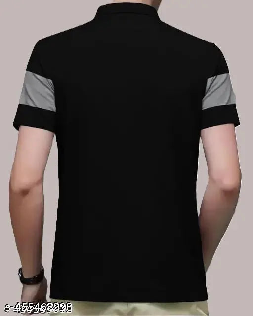 Black and grey colorblocked cotton-blend short-sleeve t-shirt, featuring bold stripes, suitable for relaxed fit and warm weather