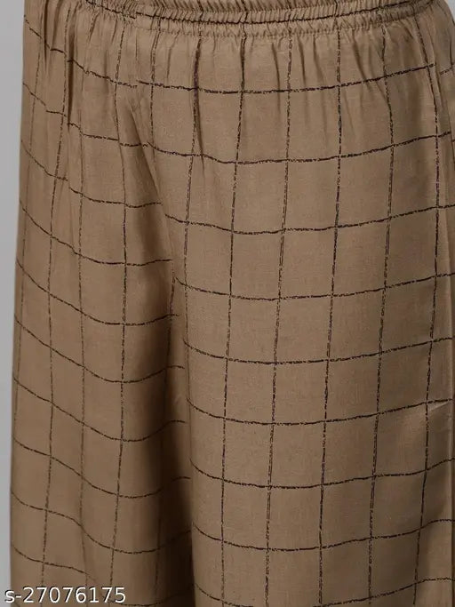 Brown rayon kurta palazzo set, printed calf-length, straight fit in mandarin collar, regular sleeves