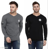 Grey Melange cotton-blend long sleeve v-neck t-shirts pack 2 for men - Self-design pattern, size S-XL