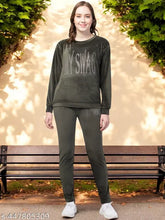 Olive velvet pajama set with sweatshirt: Women's/girls winter wear, soft & cozy velvet nighty with long sleeves, stylish and sensual design, ideal gift, Indian origin