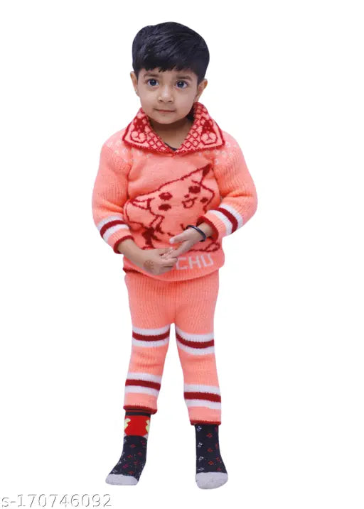 Peach striped, woolen hooded sweater with pyjama collar for 1-2 year old baby boys & girls