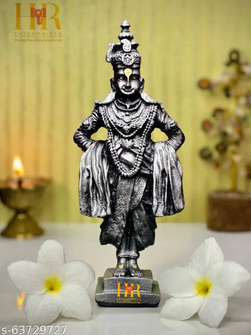 Premium poly resin VR 101 Silver Vitthal Rukmini Statue, ideal for home decor and gifting, features intricate details and black accents