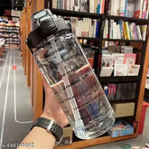 Transparent motivational fitness water bottle (2000ml), multi-color plastic with straw, leakproof, time marker, BIS/ISI certified, sipper, carrying loop, removable parts, wide mouth, made in India