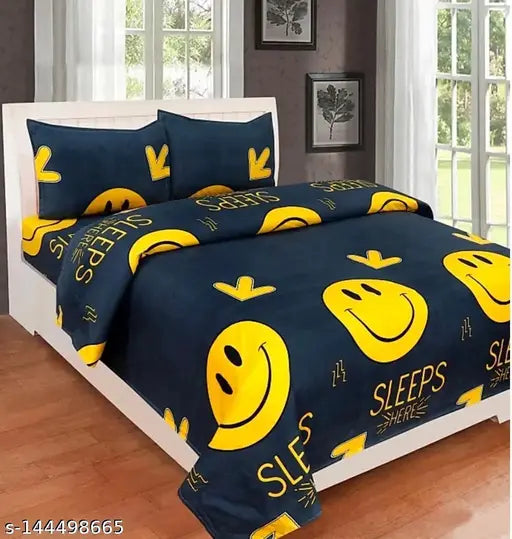 Black Glace Cotton Smile Design Double Bed Bedsheet Set, soft, vibrant, durable, 90x90 inches, 16x26 inch pillow covers, ideal for kids, summer use