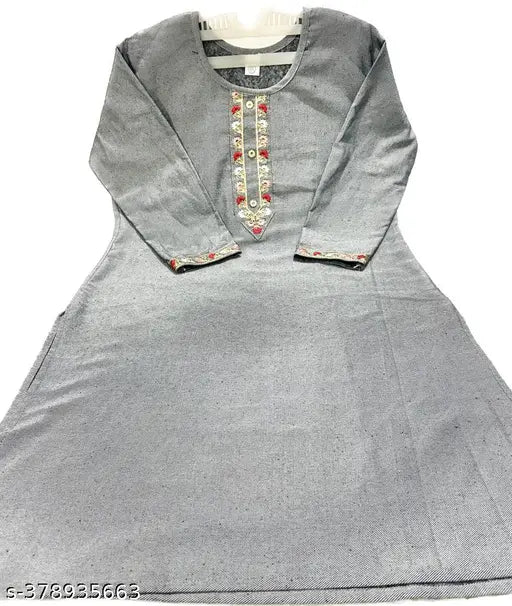 Woolen kurti with embroidery, trendy design - women's three-quarter sleeve woolen garment from India