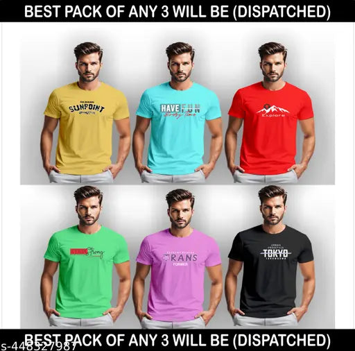 Cotton blend mens round neck t-shirt combo in three vibrant colors - red, gray, blue. Trendy designs, soft fabric, comfortable fit, machine washable. Perfect for everyday wear. Multi-color selection available. Made in India
