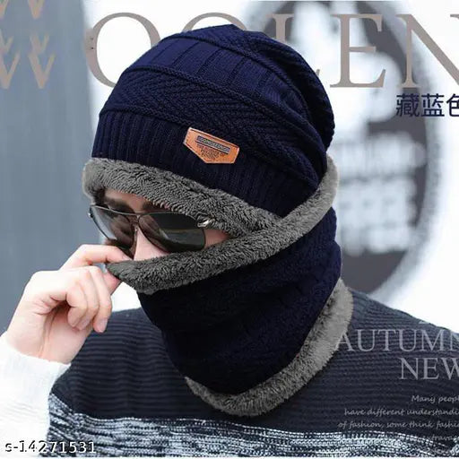 Navy wool beanie - solid pattern, made in India