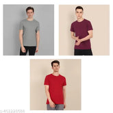 Grey, maroon, and red men's cotton t-shirts (3pcs), short sleeves, M, L, XXL sizes. Indian made quality T-shirts set on display
