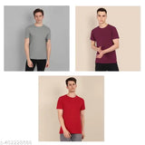 Cotton men's solid T-shirts (pack of 3), grey/maroon/red, short sleeves - high-quality Indian apparel