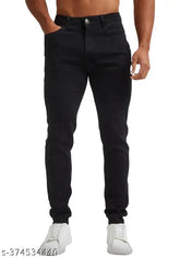 Premium black denim jeans with stretch for men, featuring functional pockets and a comfortable waistband. Made in India