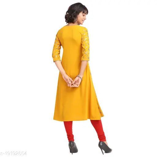 Yellow poly crepe A-line printed kurti with three-quarter sleeves, perfect for women's fashion