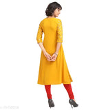 Yellow poly crepe A-line printed kurti with three-quarter sleeves, perfect for women's fashion