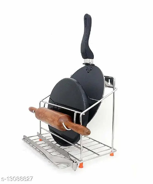 Stainless steel 4-in-1 kitchen stand with rolling pin holder, chakla belan and tawa stand, free size, India origin
