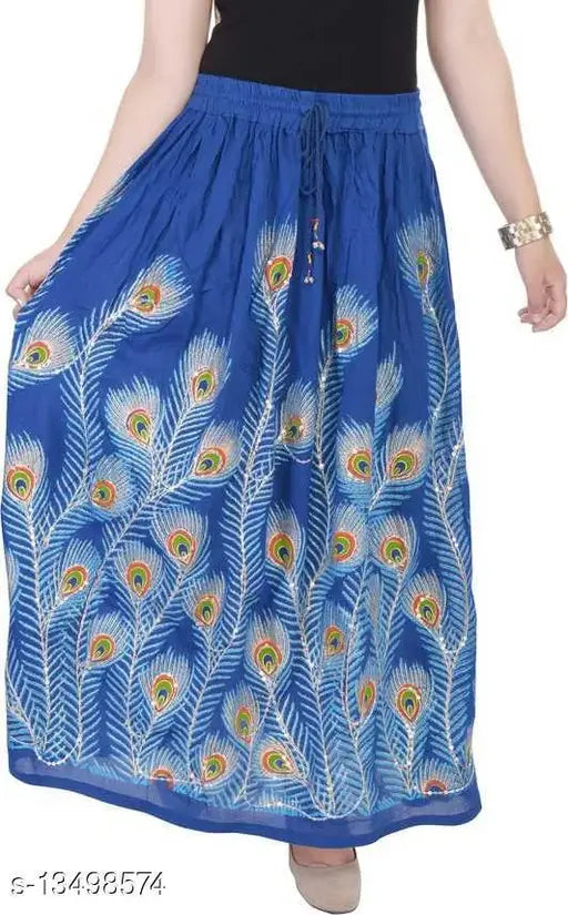 Peacock feather print rayon skirt, self-design net, free size (waist 36in, length 38in), Indian origin