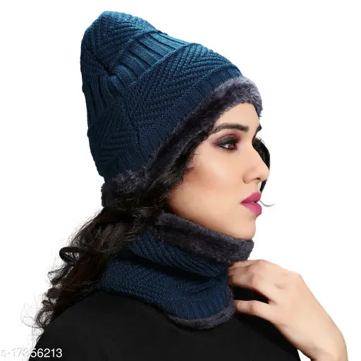 Woolen women's beanie cap & scarf, cold-warm fur winter hat - India-made skull cap