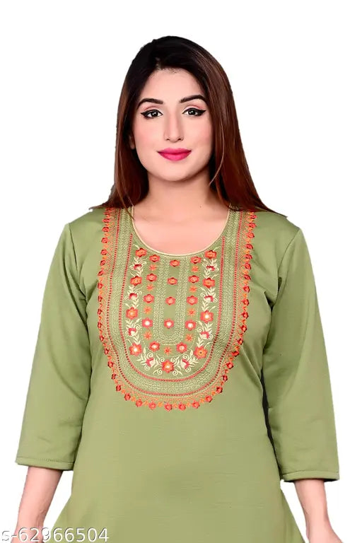 Women's straight embroidered woolen kurti for winter, three-quarter sleeves, wool. Indian embroidered winter kurti for party wear and daily use