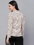 Beige and black abstract print polyester smart casual top with long sleeves, featuring sophisticated mandarin collar and full puff sleeves. India-origin, size S (Bust 34in, Length 24in)