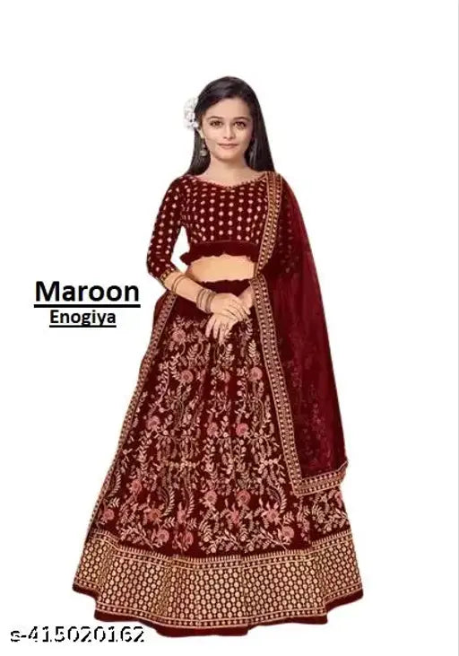 Embroidered velvet lehenga-choli for kids, semi-stitched net dupatta, party wear or wedding wear, 3-15 years sizes available