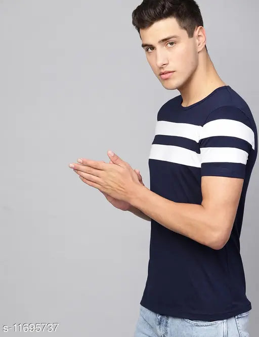 Navy blue printed round neck cotton t-shirt for men, short sleeves, eye-catching design