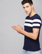 Navy blue printed round neck cotton t-shirt for men, short sleeves, eye-catching design