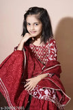 Girls' rayon printed anarkali sharara set with embroidered three-quarter sleeves, vibrant Indian fashion for young girls
