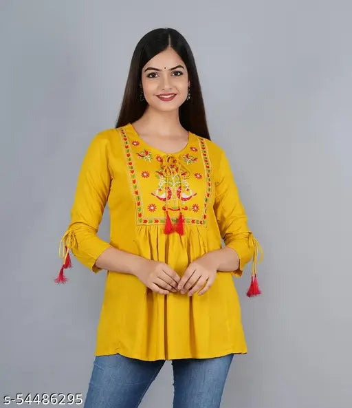 Rayon, printed three-quarter sleeve women's kurti for festivals and parties, featuring intricate embroidery - S (36in bust) & XXL (44in bust), made in India