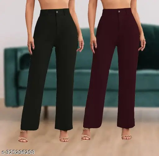 Black cotton blend palazzo trousers combo pack (2 pairs), high-rise, versatile zipper fly closure, suitable for office wear