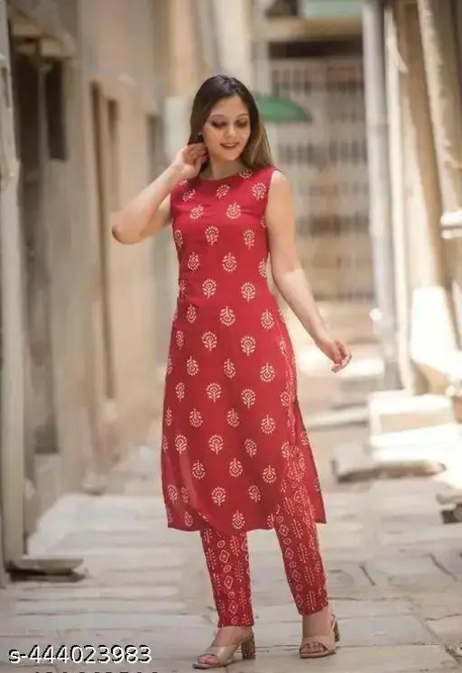 Printed rayon straight kurti and palazzos set, sleeveless, vibrant paint design, multiple sizes available