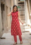 Printed rayon straight kurti and palazzos set, sleeveless, vibrant paint design, multiple sizes available